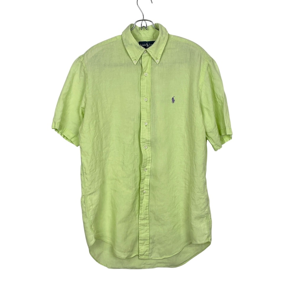 Polo Ralph Lauren Mens Lime Green Linen Button Shirt M Short Sleeve Coastal Pony